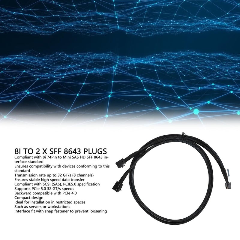 Tangxi كابل MCIO 8i إلى 2*SFF-8643، كابل MCIO x8 74Pin إلى Mini SAS HD SFF-8643، متوافق مع SCSI (SAS)، PCIE 5.0، سرعة نقل بيانات 32GT / s، لمركز بيانات الخادم (31.5 بوصة) - Image 2